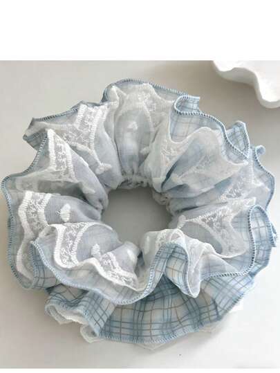 Ethereal Blue Lace Plaid 4-Layer Large Hair Scrunchie, French Style Hair Tie For Ponytail & Bun