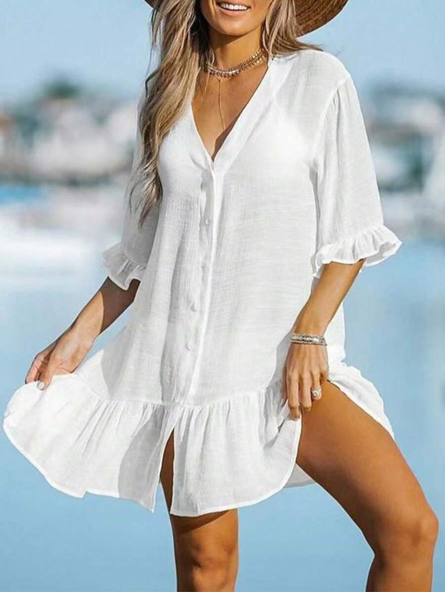 Đầm kimono ngắn màu trắng phong cách Bohemian dành cho nữ, áo khoác ngoài bằng vải dệt thường ngày với tay áo xếp nếp, thích hợp cho kỳ nghỉ. - trắng - Xem 1