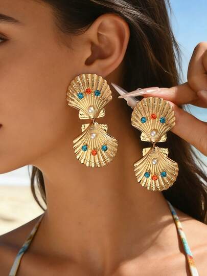 一对波西米亚风夏季海滩度假复古贝壳女士耳环，彩色水钻，橙红蓝仿珍珠，海岸牛仔风美人鱼配饰，日常通勤、约会、派对礼物