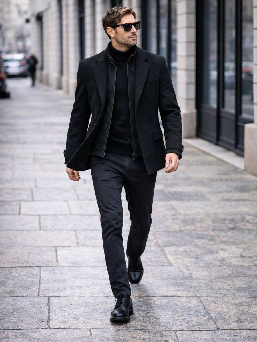 Double Blazer, Autumn/Winter, Regular Fit, High In The Front And Low In The Back, Overcoat - 黑色 - 查看 1