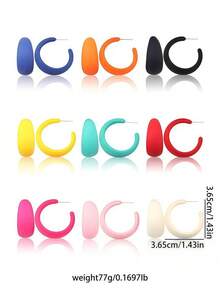 9 Pairs Matte Candy Color C-Shape Stud Earrings Set, Suitable For Party, Gift, Daily Wear, Helps Visually Slim The Face - Multicolor - View 5