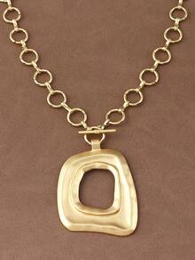 1pc Fashionable Matte Gold/Silver Asymmetric Hollow Square Pendant Chunky Chain Necklace, Suitable For Women's Daily Wear, 18 Inches + 2 Inches Extension Chain - 多層環 - 查看 2