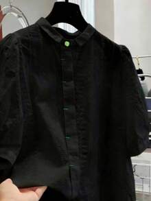 Women's Minimalist Floral Front Button Shirt, Summer Black - Black - View 4