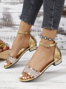 Summer New Gold Chunky Heel Women's High Heel Sandals, Colorblock Sequin Square Toe Shoes, Mirror Rhinestone Heel Strap Slides, Versatile For Vacation & Work, Comfortable Soft Non-Slip Outdoor Sandals With Buckle - Champagne - View 5