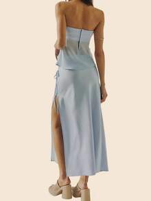 Womens Two Piece Summer Outfits Strapless Mesh Tube Tops And Midi Skirt Set Beach Vacation Party Going Out Outfit - Màu xanh nhạt - Xem 2
