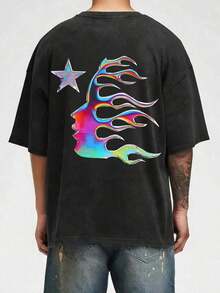 Men's Oversized Washed Graphic T-Shirt Hell Flame Star Silver Print Vintage Streetwear Teesummer Outfits For Womengraphic Tees - Black 2 - 查看 3