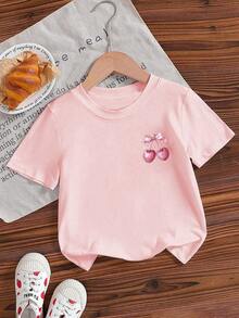 女童休闲趣味印花圆领短袖T恤，夏季上衣 - 粉色 - 查看 4