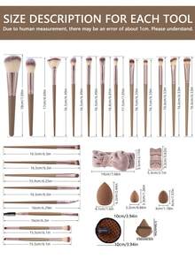 Bộ cọ trang điểm màu nâu, bộ trang điểm chuyên nghiệp, bộ dụng cụ trang điểm đa chức năng, bao gồm bông mút trang điểm mặt, bộ cọ tán kem nền, cọ và dụng cụ trang điểm mắt và mặt (có sẵn bộ 1/20/45 món) - màu nâu - Xem 4