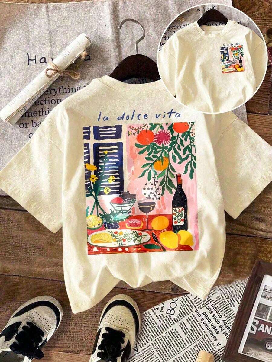 de vacaciones, primavera y resort para mujer, camisetas gráficas primaverales lindas, camisa con estampado de corazón, camiseta gráfica de manga corta - Albaricoque 2 - Ver 1