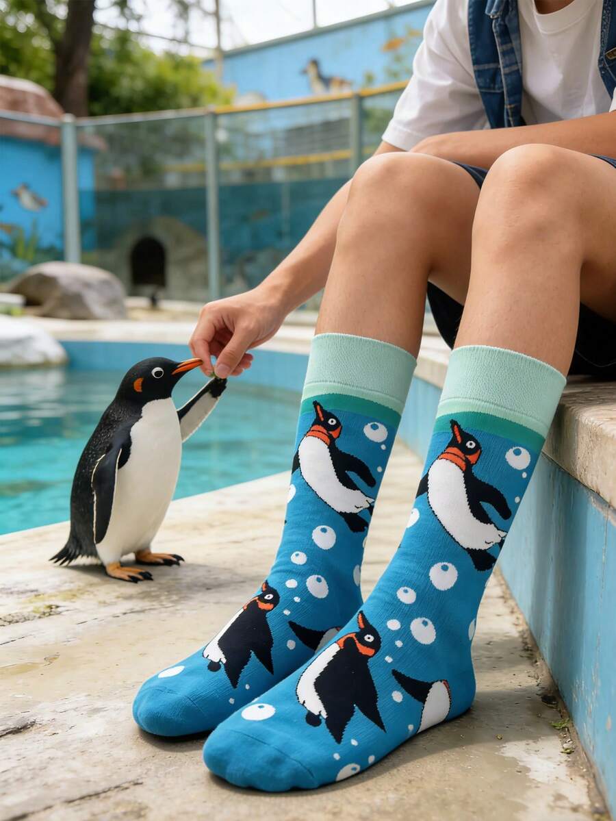 1 双男士企鹅印花休闲百搭中筒袜 - 彩色 - 查看 1