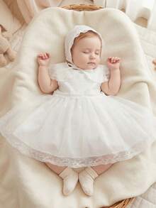 女婴高档蕾丝刺绣白色洗礼服,适合婚礼、生日派对等场合,附赠帽子,0-2岁 - 白色 - 查看 5