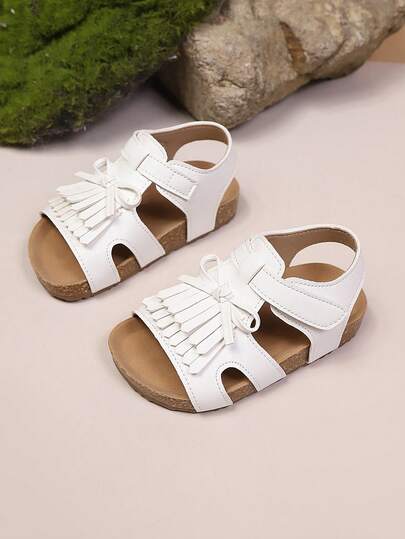 1 Pair Girls' Bow Tassel Soft Bottom Fashionable Princess Style Flat Sandals, Suitable For Summer