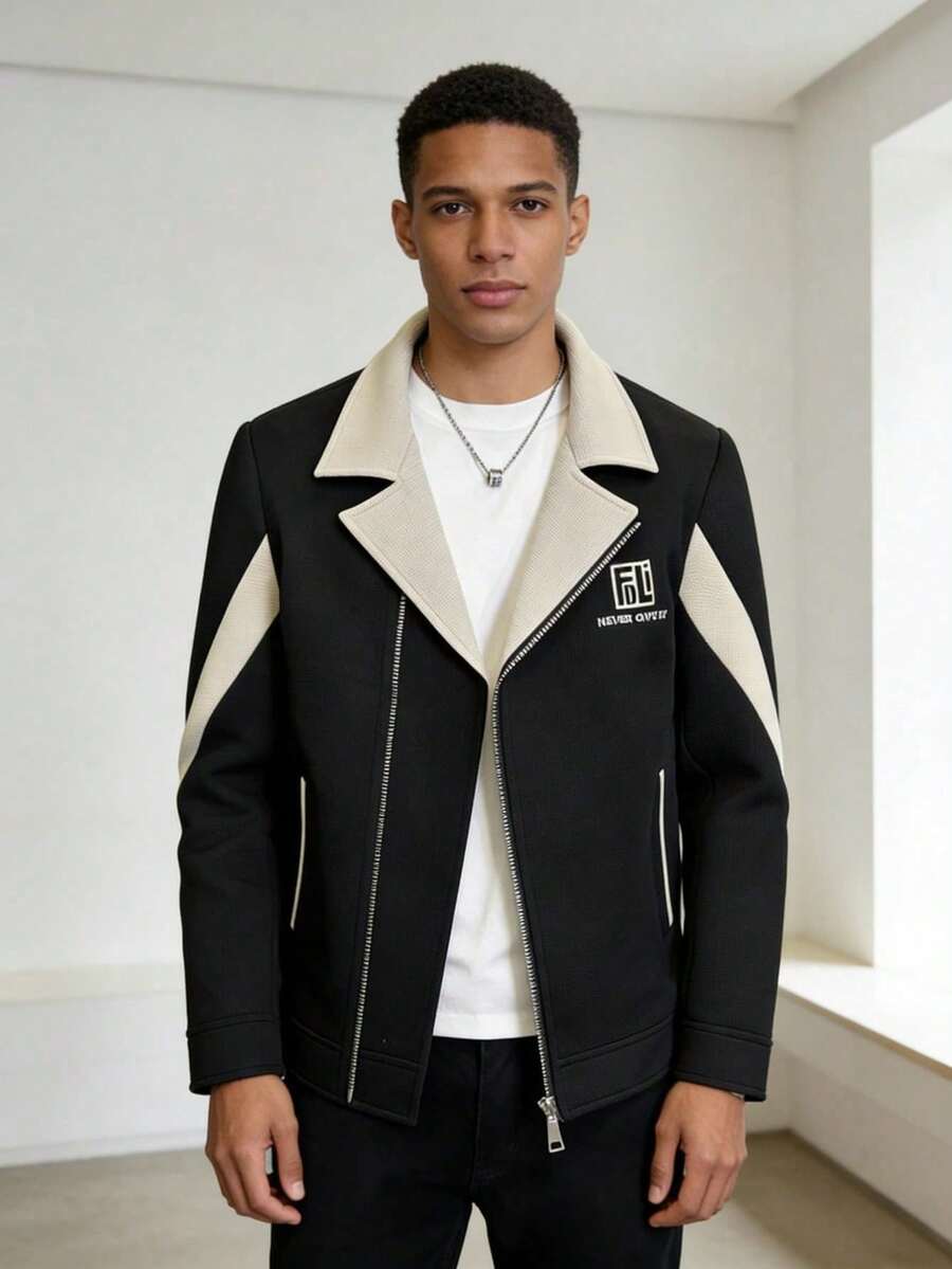 Nueva llegada de Otoño/Invierno: Chaqueta de pana para hombre - Estilo coreano de corte ajustado (Slim-Fit), prenda exterior con cuello tipo blazer y bloques de color; gabardina corta sofisticada y elegante. - Negro - Ver 1