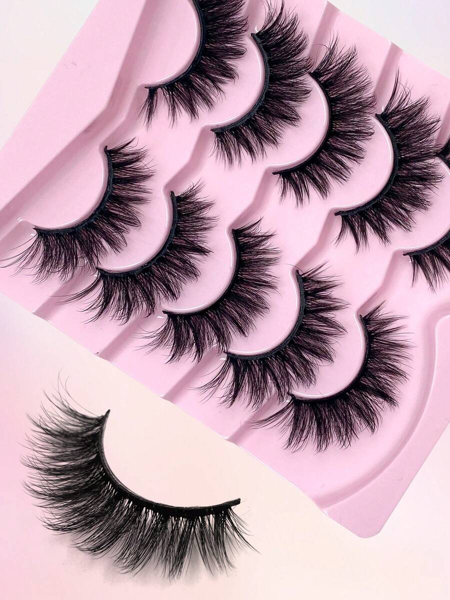 ENCHUW 5 Pairs Volume Long Dramatic Fluffy False Eyelashes Thick Eyelashes Faux Mink Lashes Reusable Fake Eyelashes Makeup Lashes - Black - View 1