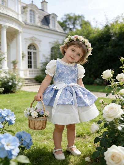 XUMPLO Vestido corto de fiesta elegante y lindo para niñas bebé, con aplicaciones florales azules, malla blanca y lazo, vestido de princesa para cumpleaños, fiesta, vacaciones