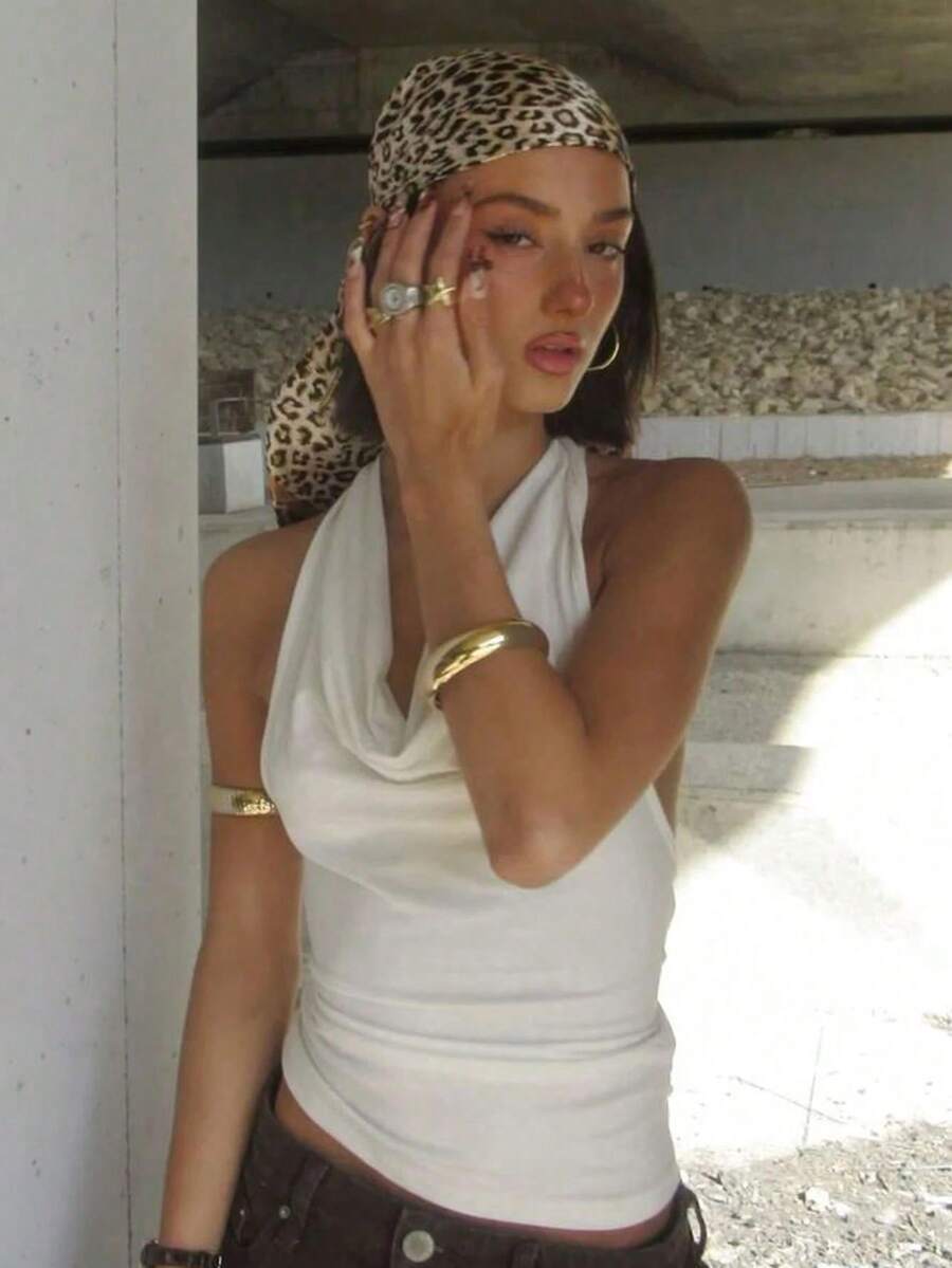 1条女士时尚90厘米方形围巾，春夏豹纹链条图案缎面头巾 - 咖啡 - 查看 1