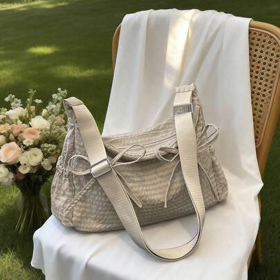 Túi tote kẻ caro màu kaki trang trí nơ, dây đeo rộng có thể điều chỉnh, túi đeo chéo thường ngày cho nữ, túi đeo vai sinh viên.