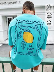 夏季百搭檸檬印花圓領短袖湖綠色T卹，100%純棉男女同款，適合休閒約會及節慶送禮 - 湖綠色 - 查看 3