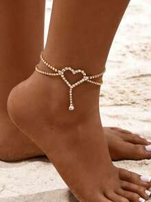 1pc Beach Vacation Style Double-Layer Heart Crystal Anklet - Gold - View 2