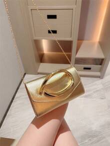 1件歐美時尚金屬裝飾迷你方盒手拿包，高端亮面金屬條紋女款手提包，優雅奢華晚宴包，適合正式禮服，PU皮革派對包/浪漫婚禮手拿包/舞會包/雞尾酒會包，適用於校園舞會，附金屬鏈條 - 金色 - 查看 8