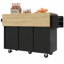Modern Kitchen Island, Kitchen Cabinet, Sideboard, Dining Trolley With Wood Grain Finish, Multifunctional Dining Table With Storage Space, Dining Trolley With Snack Shelves And Extendable Cabinets, Black - Black - View 8