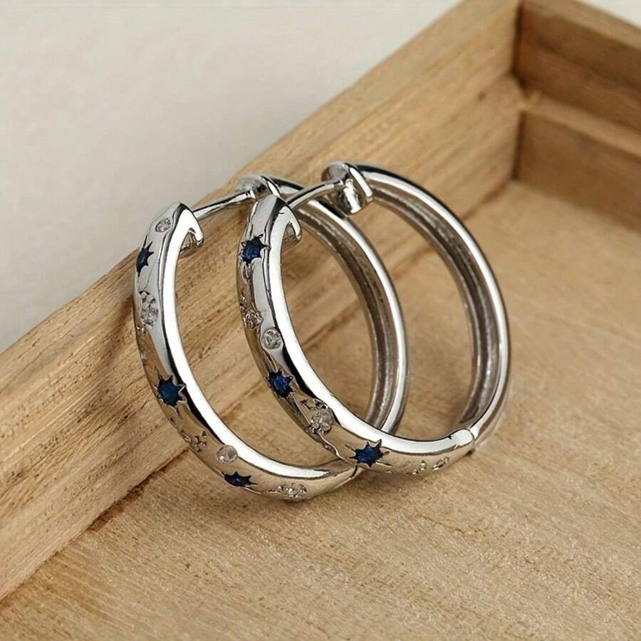 Khuyên tai khoen hình ngôi sao và mặt trăng thanh lịch, đính đá zirconia tổng hợp màu xanh dương, dành cho nữ, đa năng, món quà lý tưởng cho ngày Valentine. - Bạc - Xem 1