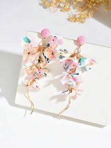 一对清新甜美可爱优雅的花卉拉菲草流苏耳环，时尚高贵的拉菲草花朵流苏耳环，适合女性日常、度假和派对佩戴。 - 粉色 - 查看 3