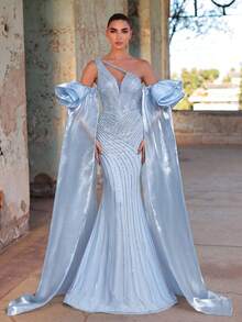 Faeriesty Luxury Elegant Off-Shoulder Mermaid Evening Dress, Embellished With Shiny Sequins, Exaggerated Puff Sleeves And Wide Ruffle Design, Fitted With Back Tie, Suitable For Weddings, Galas, Cultural Celebrations And Red Carpet Events - Baby Blue - View 3
