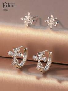 Hihho 4pcs/Set Star Burst Cross Earrings Set, Classic Cubic Zirconia Inlaid, Retro European And American Style Suitable For Daily, Date, Party, Music Festival - Cross - View 9
