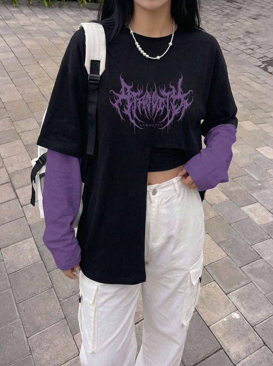 Rikumo Women's Retro Punk Rock Gothic Style Colorblock Lightning Print Long Sleeve Sweatshirt Casual Spring - Mauve Purple - View 1