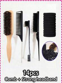 1-14 piezas Juego de cepillos, Cepillo de cerdas de jabalí unisex para cabello y barba, Cepillo profesional para peinado, Gomas para el cabello, Pinzas para el cabello resistentes, Peine con punta para coloración, Adecuado para barbería, salón de belleza, viaje, vuelta al colegio, vacaciones, accesorios para el cabello de mujer, cepillos - multicolor - Ver 2