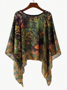 1pc Women's Retro Elegant Landscape Retro Print Faux Silk Short Shawl, Casual Travel Versatile Sun Protection Scarf For Spring/Summer - Multicolor - View 4