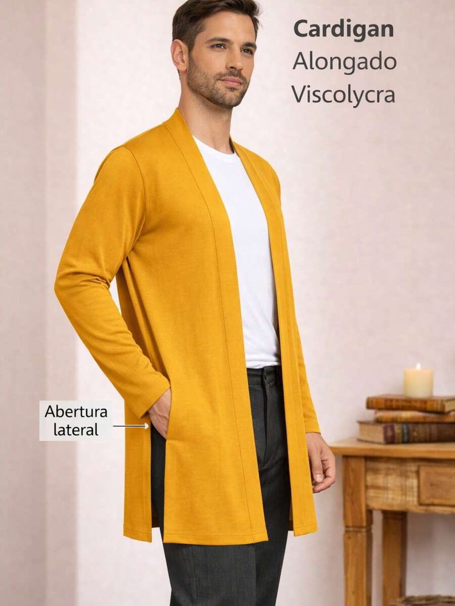 Longline Viscolycra Cardigan With Side Slits/Men's Mid-Season Cold Weather Long-Sleeved Cardigan, Kimono Style/Unisex/Long Sleeves/Autumn Winter 2026 Collection/Unisex Jacket - 芥末黃 - 查看 1