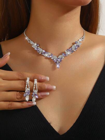 Set de collar y aretes con 3 piezas de flor púrpura de circonita, diseño exquisito, adecuado para uso diario, boda, fiesta, vacaciones y como regalo para mujeres