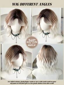 1顶女士短款波浪渐变白色假发，12英寸短款波波头卷发中分假发，深色发根，天然合成耐热纤维，适合日常或上学佩戴，是节日、音乐节、庆典、樱花节、毕业礼物和送给朋友的完美之选。 - 棕色 - 查看 6