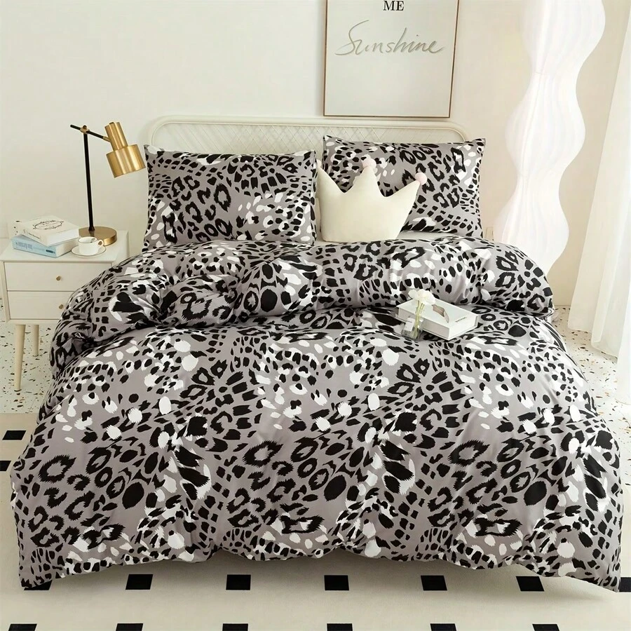 3pcs 100% Polyester Brushed Leopard Print Duvet Cover Set [1 Duvet Cover + 2 Pillowcases], Bedding Set For All Seasons - Leopard Print Black - View 1