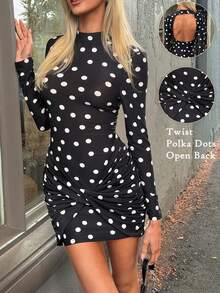 Casual Chic Black And White Polka Dot Backless Mini Dress - Twist Front Detail, Ideal For Spring Summer Outfit, Date Night, Vacation, Casual Going Out, Festival, Graduation Party - Black - View 11