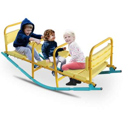 3-Seat Kids Teeter Totter, Heavy-Duty Metal Seesaw With Safety Handrails, Outdoor Backyard Playground Equipment