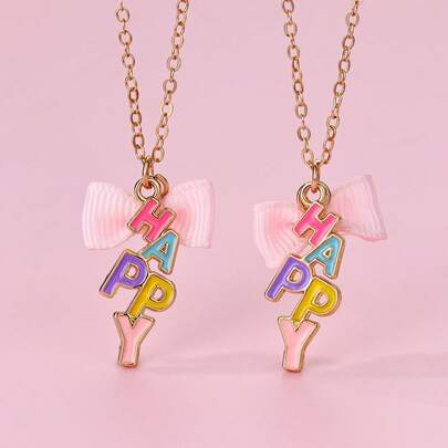 Bộ 2 dây chuyền mặt dây chuyền chữ "Happy" hình nơ hoạt hình thời trang cho trẻ em, thích hợp để đeo hàng ngày, làm quà tặng, dịp lễ.