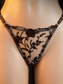 4pcs Floral Embroidered Mesh Garter Belt Lingerie Set - Sexy Bra And Panty Set - Coffee Brown - View 6