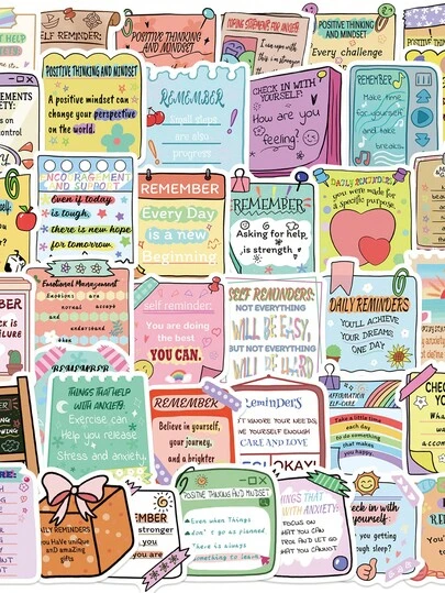 54张心理健康贴纸，色彩缤纷，可爱卡通励志贴纸，适用于行李箱、笔记本电脑、吉他、手机等，乙烯基材质，趣味贴纸，Kindle剪贴簿用品，笔记本电脑贴纸