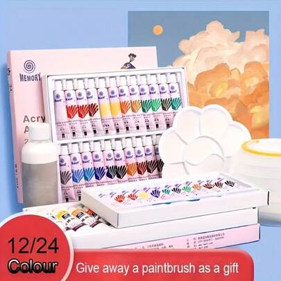 12/24 Color Acrylic Paint Set, 0.17 Ounces Tube Size, Equipped With Oil Painting Brushes. The Colors Are Bright, Water-Resistant And Fade-Resistant. Suitable For Canvas, Stones, Plastics And Clays.