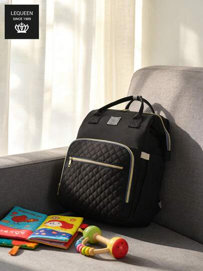 LEQUEEN حقيبة أكسفورد قماشية جديدة للأم مع وسادة سرير، سعة كبيرة متعددة الوظائف وأنيقة لحفاضات الأطفال للسفر والتخزين الخارجي