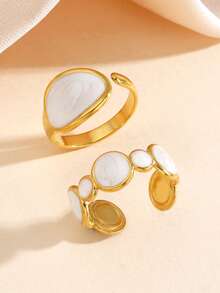 2Pcs 18K Gold Plated Stainless Steel Rings, White Enamel Round Hip Hop Style Ring Set For Women Daily Wear - Gold - View 1