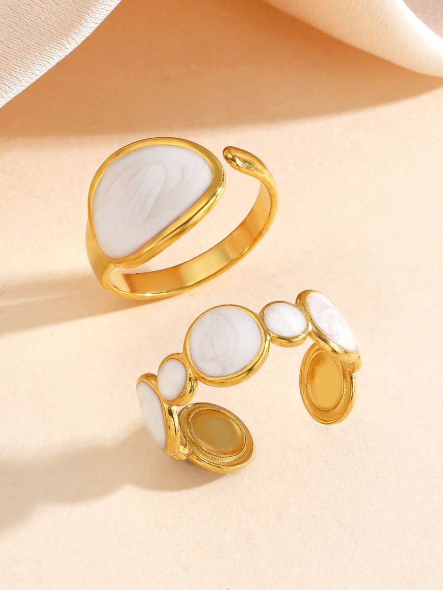 2Pcs 18K Gold Plated Stainless Steel Rings, White Enamel Round Hip Hop Style Ring Set For Women Daily Wear - Gold - View 1