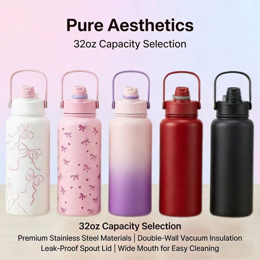 Botella de agua aislada de 32 onzas, tapa 2 en 1 con pajita y pico protector, a prueba de fugas, mantiene las bebidas frías, acero inoxidable, metal, reutilizable, asa, adecuada para viajes, gimnasio y escuela - Multicolor - Ver 1