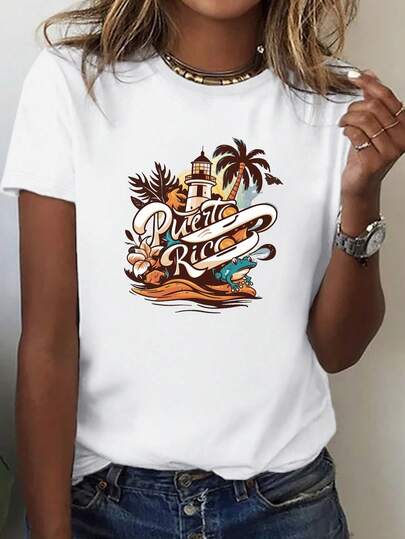 1 Piece Women's T-Shirt | Puerto Rico Theme, Vibrant Geometric Patterns | Round-Neck Short-Sleeve | Casual Style | Comfortable Fit For All Seasons | Machine Washable | Casual Multi-Color Graphic T-Shirt 180g Summer Tops, Graphic Tees For Women, Beach Outfits For Women