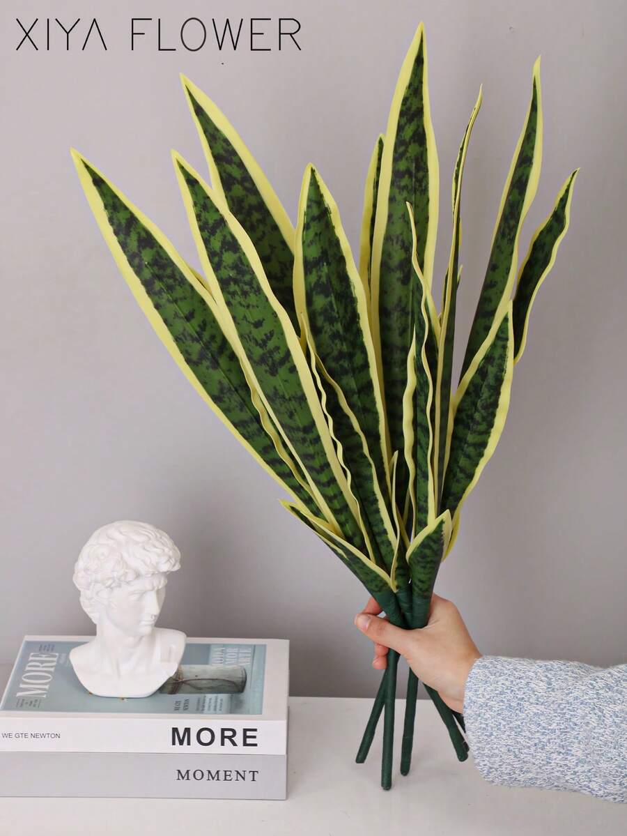 1 peça de planta artificial de espada-de-são-jorge com 4 folhas e bordas douradas, ideal para decoração de casa, escritório ou jardim. Perfeita para decoração de primavera e verão, com folhas verdes naturalmente listradas, semelhantes às de um tigre. Item de decoração durável. Vaso não incluído. - Multicolor-A - Ver 1