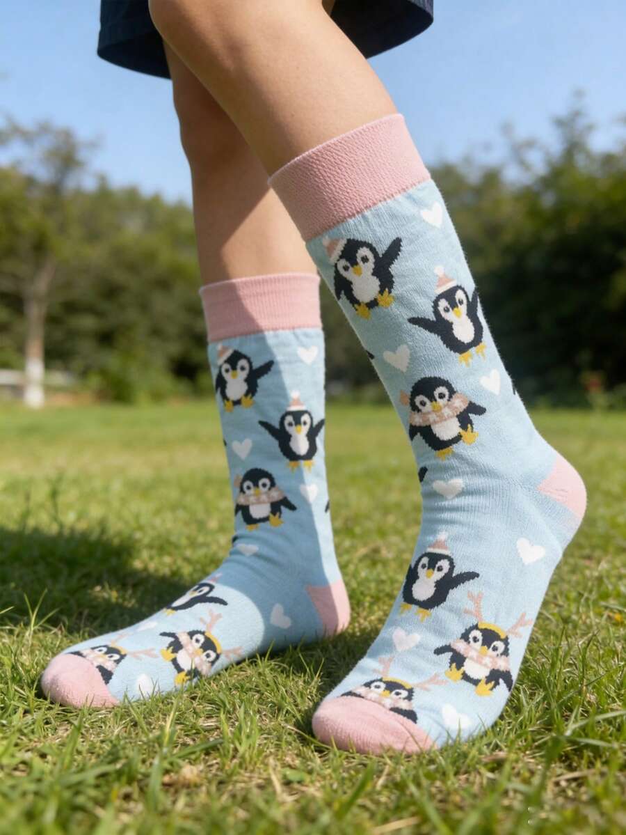1/2/3 đôi tất dài đến bắp chân, kiểu dáng thường ngày, đa năng, họa tiết chim cánh cụt, phù hợp cho mọi mùa. - Nhiều màu - Xem 1