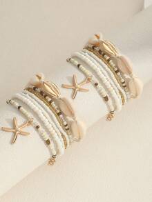 14pcs Bohemian Style Shell & Bead Bracelet Set With Starfish Pendant, Women Bracelet Assorted Bead Colors - Beige - View 1